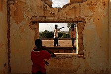 Children playing in the ruins of the former state house. Hargeisa, SomaliLand, Sunday, October 7, 2007. The ruins of the former British governor's state house are surrounded now by the refugees camp of the same name.